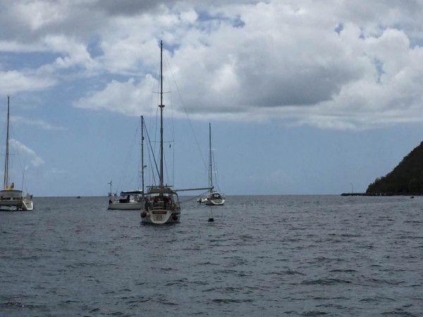 Monohull neighbor using water bucket as stabilizer Monohull neighbor using water bucket as stabilizer